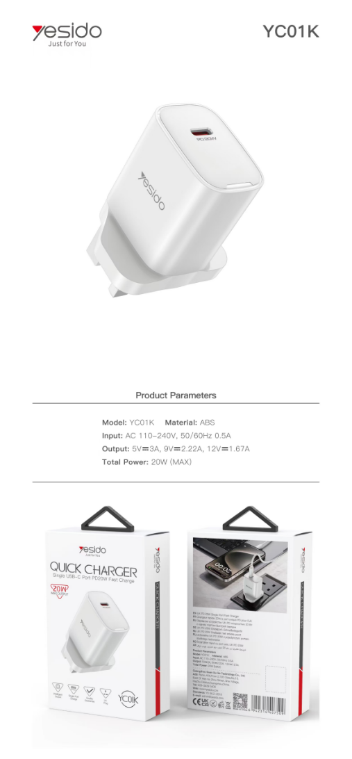 20W Fast Charging PD Home Charger YC01K