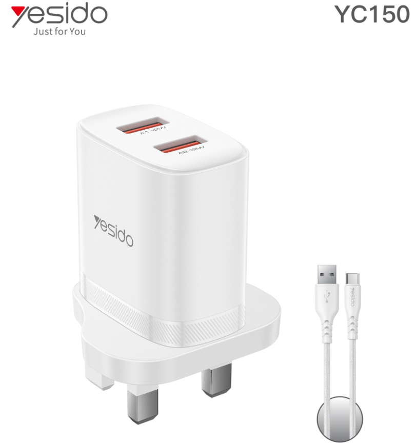 Dual USB-A 2.4A UK (with USB-A TO C cable) YC150