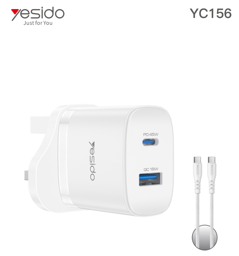 A+C 45W  Home charger UK (C TO C cable) YC156