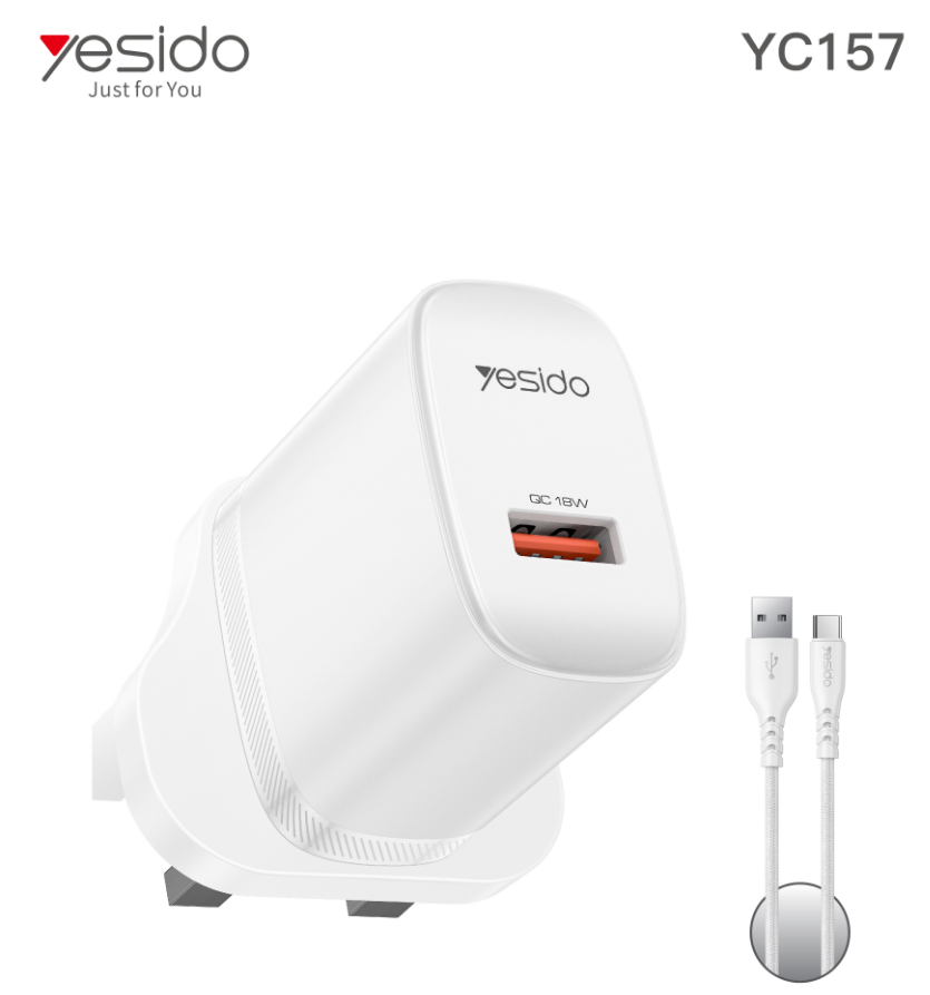 USB-A QC3.0 18W Home charger UK (A TO C cable) YC157