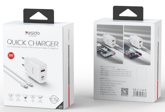 30W Fast Charging Home Charger(USB-A+TC + lighting port )  (with cable C-L) YC52-EU